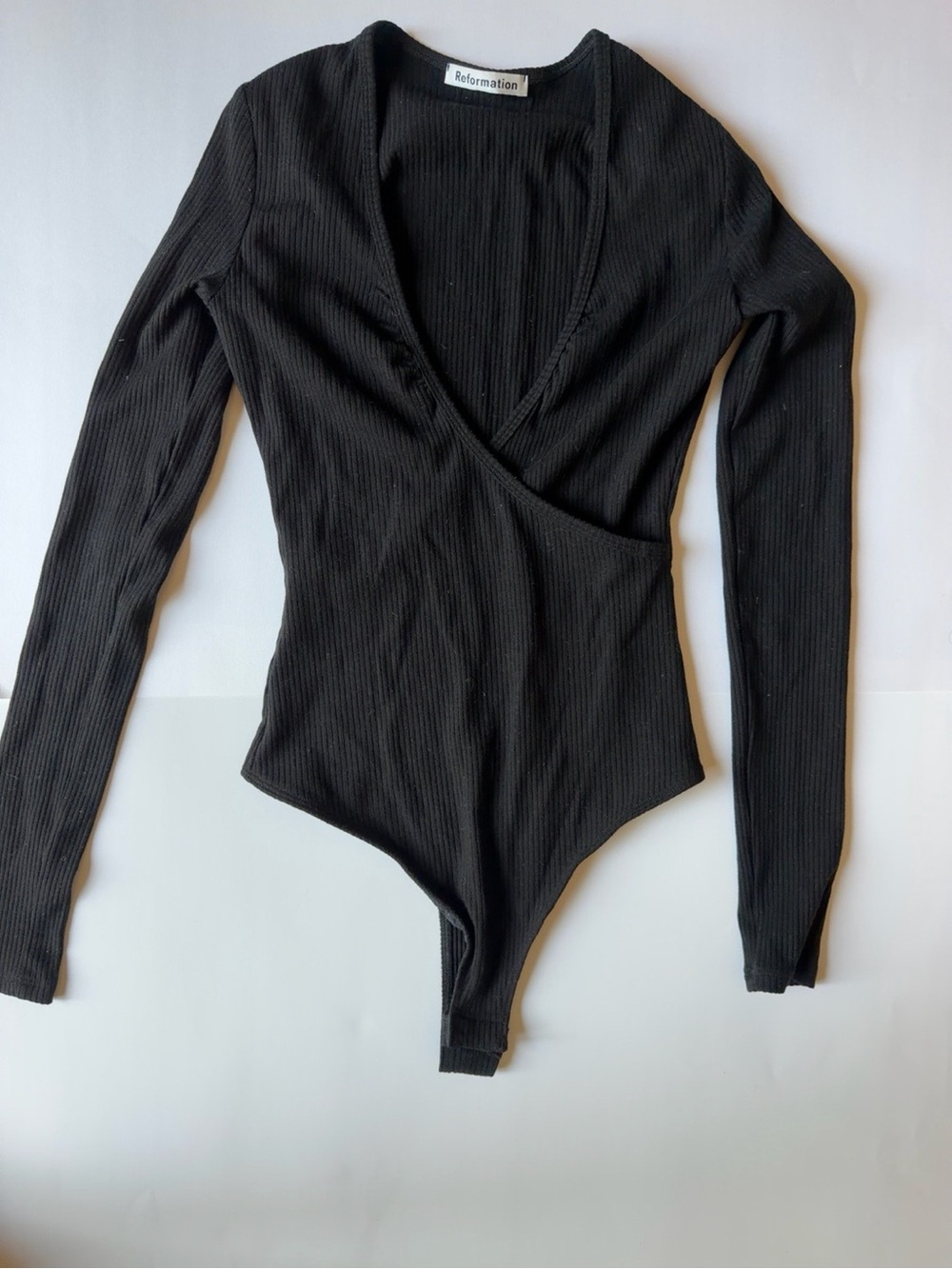 Reformation Black Ribbed Wrap Long Sleeve Bodysuit Small